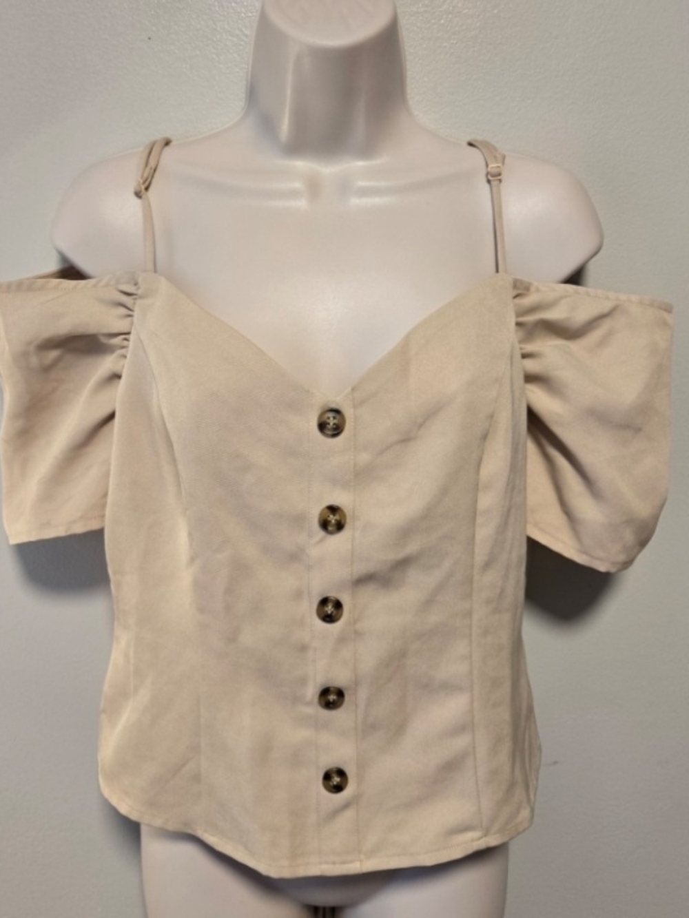 Akira Beige Off-Shoulder Button Front Women's Top